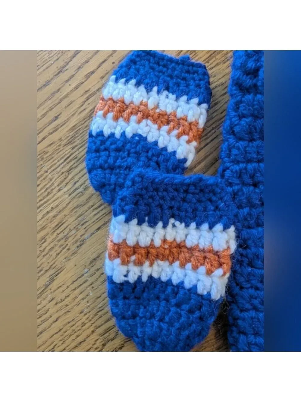 NHL hand-crocheted blue, orange and white HOCKEY infant knit set. 0-3 Months New